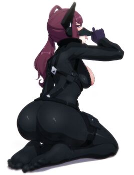 1girl ass belt_pouch black_bodysuit black_gloves black_mask blush bodysuit breasts brown_eyes brown_hair catsuit cleavage commentary digimon digimon_story:_time_stranger earpiece from_behind full_body gloves hair_between_eyes hair_rings harness highres impossible_bodysuit impossible_clothes karmanseph large_breasts latex latex_bodysuit leather long_hair looking_at_viewer mask mask_lift mouth_mask ninja_mask no_shoes open_mouth pouch profile saliva seiza shadow shiroki_asuna sidelocks simple_background single_hair_ring sitting solo thigh_pouch thigh_strap tongue tongue_out unzipped white_background