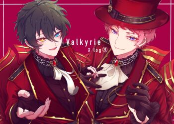 Rule 34 | 2boys, blue eyes, buttons, closed mouth, commentary, earrings, ensemble stars!, fingerless gloves, fingernails, gears, gloves, hair between eyes, hands up, hat, heterochromia, highres, itsuki shu, jewelry, jjwhtkokq5a3z4d, kagehira mika, lapels, looking at viewer, male focus, multiple boys, open mouth, orange eyes, outstretched hand, pink hair, purple eyes, red hat, short bangs, short hair, simple background, smile, teeth, top hat, upper body, valkyrie (ensemble stars!)