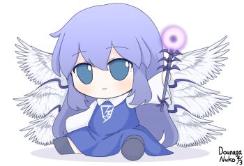 Rule 34 | 1girl, angel, angel wings, blue dress, blue eyes, blue hair, check commentary, collared shirt, commentary request, dated, dounaga nuko, dress, emblem, feathered wings, full body, fumo (doll), hair between eyes, holding, holding scepter, long hair, long sleeves, multiple wings, sariel (touhou), scepter, seraph, shirt, signature, simple background, sitting, smile, solo, touhou, touhou (pc-98), wand, white background, white wings, wide sleeves, wings