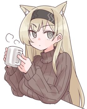 1girl absurdres alternate_costume animal_ear_fluff animal_ears arknights black_hairband breasts bright_pupils brown_sweater commentary cup expressionless extra_ears grey_eyes hairband highres holding holding_cup horn_(arknights) invisible_table large_breasts long_hair long_sleeves looking_at_viewer mug nikukabe ribbed_sweater simple_background solo steam sweater turtleneck turtleneck_sweater white_background white_pupils wolf_ears wolf_girl