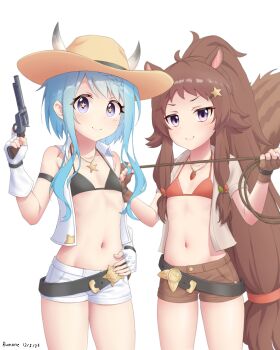 Rule 34 | 2girls, absurdres, animal ears, bikini, blue hair, cowboy hat, flat chest, gun, hat, highres, lasso, mahiru (princess connect!), multiple girls, navel, princess connect!, ribs, rin (princess connect!), ruinone, shorts, stomach, swimsuit, tail, weapon