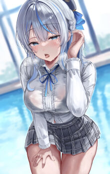 1girl absurdres amagai_ruka beret blue_eyes blue_streaks blurry blurry_background blush braid breasts button_gap center_frills commentary_request cowboy_shot dress_shirt frilled_shirt frills grey_hair hand_on_own_thigh hand_up hat highres indoors large_breasts long_sleeves looking_at_viewer miniskirt multicolored_hair neck_ribbon open_mouth plaid_clothes plaid_skirt rei_no_pool ribbon shirt shirt_tucked_in skirt smile solo streaked_hair teeth thigh_strap tilted_headwear tongue tongue_out virtual_youtuber weather_planet white_shirt ya_ta