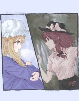 2girls absurdres black_bow black_hat black_skirt blonde_hair blue_dress blue_eyes blush bow brown_eyes collar dress forest hair_bow hat hat_bow highres kashiwada_kiiho long_dress long_sleeves maribel_hearn medium_hair mob_cap multiple_girls nature open_mouth running shirt short_sleeves skirt touhou tree usami_renko white_collar white_hat white_shirt