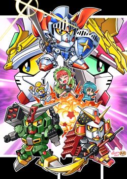 :3 black_eyes blue_eyes clenched_hands command_gundam fang food green_hair gundam haro highres holding holding_food holding_polearm holding_shield holding_sword holding_weapon kamille_bidan liu_bei_unicorn_gundam mecha missile musha_gundam one_eye_closed open_mouth pod polearm poyoyon_chihiro red_hair robot ryuubi_gundam sd_command_chronicles sd_gundam sd_gundam_gaiden sd_gundam_musha_maruden sd_gundam_sangokuden sd_gundam_world_sangoku_soketsuden sd_sengokuden shield smile sparkle sword tron_(sd_command_chronicles) v-fin v-shaped_eyebrows weapon zeta_gundam