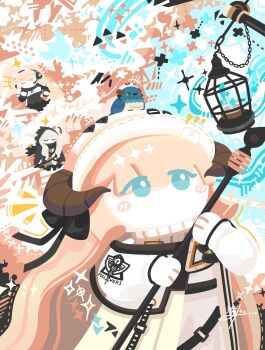 3girls animal animal_ears animal_on_head arknights armor bird bird_on_head black_cloak black_dress blonde_hair blue_bird blue_eyes cage chibi cloak closed_eyes demon_horns dress grey_hair hat headset highres holding holding_staff hood hood_up hooded_cloak horns horns_through_headwear horns_through_hood horse_ears horse_girl jacket long_hair multiple_girls nearl_(arknights) nightingale_(arknights) on_head shining_(arknights) smile staff thatpebble torn_cloak torn_clothes very_long_hair white_dress white_hat white_jacket