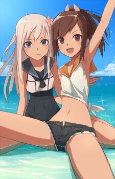 2girls adapted_costume armpits blonde_hair blue_eyes blush brown_eyes brown_hair commentary cutoffs denim denim_shorts flower hair_flower hair_ornament i-401_(kancolle) kantai_collection long_hair looking_at_viewer midriff multiple_girls navel one-piece_swimsuit open_mouth orange_sailor_collar ponytail revision ro-500_(kancolle) sailor_collar sand school_swimsuit school_uniform shirt short_hair short_ponytail short_shorts shorts sitting sleeveless sleeveless_shirt smile swimsuit swimsuit_under_clothes tan tied_shirt water white_shirt yukitake_(bullfalk)