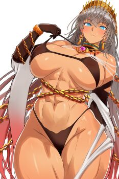 1girl abs absurdres bamboo_tac bare_shoulders bikini black_bikini black_gloves blue_eyes blush breasts chain cleavage crown cuffs dark-skinned_female dark_skin elbow_gloves fate/grand_order fate_(series) gloves gold_chain grey_hair highleg highleg_bikini highres jewelry large_breasts long_hair looking_at_viewer navel neck_ring shackles smile solo swimsuit thighs zenobia_(fate)