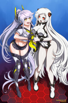 Rule 34 | 2girls, abyssal ship, airfield princess, azur lane, black gloves, black shorts, blush, boots, breasts, cannon, collarbone, commission, crop top, crossover, demon horns, gloves, hair between eyes, headgear, heart hands failure, highres, horns, kantai collection, leotard, long hair, meme, midriff, multiple girls, navel, neckerchief, open mouth, orange eyes, pale skin, pixiv commission, ponytail, purifier (azur lane), purple hair, rigging, sailor collar, sailor shirt, see-through clothes, shirt, short shorts, short sleeves, shorts, siren (azur lane), substance20, thigh boots, trait connection, very long hair, white boots, white hair, white leotard, yellow eyes, yellow neckerchief