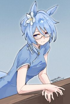 Rule 34 | 1girl, animal ears, blue dress, blue eyes, blue hair, blush, breasts, china dress, chinese clothes, closed mouth, clothing cutout, commentary request, dress, ear flower, glasses, hair between eyes, highres, horse ears, horse girl, horse tail, k.s.miracle (umamusume), saramiao-chan, semi-rimless eyewear, short hair, short sleeves, simple background, smile, solo, tail, tail through clothes, umamusume, under-rim eyewear