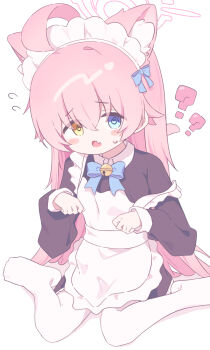 1girl :o ? @_@ ahoge alternate_costume animal_ears apron bell black_dress blue_archive blue_bow blue_bowtie blue_eyes blush bow bowtie cat_ears cat_girl commentary_request dress enmaided fang frilled_apron frilled_dress frills full_body fyzt_nemu hair_bow hair_ornament halo heart heterochromia highres hoshino_(blue_archive) jingle_bell long_hair long_sleeves looking_at_viewer maid maid_apron maid_headdress neck_bell open_mouth pantyhose paw_pose pink_hair pink_halo raised_inner_eyebrows simple_background sitting solo strap_slip sweatdrop very_long_hair waist_apron wariza white_background white_pantyhose yellow_eyes