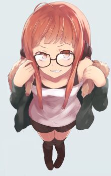 Rule 34 | 10s, 1girl, bad id, bad pixiv id, female focus, fur collar, glasses, headphones, highres, ichijou (kr neru0), jacket, long hair, looking at viewer, looking up, orange hair, persona, persona 5, sakura futaba, simple background, sketch, smile, solo, thighhighs