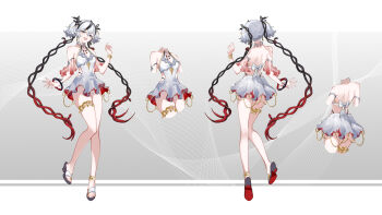 1girl absurdres alternate_costume back backless_dress backless_outfit bare_shoulders black_flower blake_bloom_(wuthering_waves) camellya_(wuthering_waves) chinese_commentary clothing_cutout commentary_request dress dress_swimsuit earrings flower gold_earrings grey_eyes hair_between_eyes hair_flower hair_ornament hair_vines highres jewelry looking_at_viewer multiple_views official_style open_mouth reference_sheet sandals short_hair short_twintails side_cutout smile thighlet twintails white_dress wuthering_waves zelphal