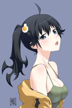 1girl ahoge araragi_karen artist_name bare_shoulders black_hair black_trim blue_background blue_eyes blush breasts camisole cleavage close-up collarbone commentary egg_hair_ornament food-themed_hair_ornament fried_egg from_side green_camisole hair_between_eyes hair_ornament highres jacket kikumaru_bunta light_blush looking_at_viewer looking_to_the_side medium_breasts monogatari_(series) nisemonogatari off_shoulder open_clothes open_jacket open_mouth pink_lips portrait raised_eyebrows side_ponytail signature simple_background skindentation solo spaghetti_strap teeth tongue translated turning_head upper_body upper_teeth_only yellow_jacket
