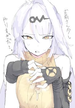 1girl absurdres alternate_costume asymmetrical_gloves bare_shoulders black_gloves blush breasts breasts_squeezed_together coin coin_on_string elbow_gloves fingerless_gloves gloves hair_between_eyes hair_ornament hairpin highres large_breasts long_hair looking_at_viewer mocamocaink single_elbow_glove single_hair_intake sleeveless sleeveless_sweater solo sweatdrop sweater translation_request turtleneck turtleneck_sweater uneven_gloves wet wet_clothes white_background white_hair yellow_eyes yellow_sweater yixuan_(zenless_zone_zero) zenless_zone_zero