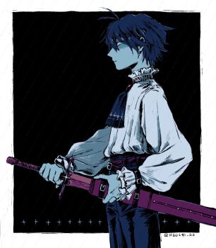 1other alternate_costume ascot belt_buckle blue_hair blue_skin buckle colored_skin deltarune frilled_shirt frilled_shirt_collar frills highres holding holding_sword holding_weapon kris_(deltarune) negio_(negi91_rb) puffy_sleeves red_eyes sheath shirt short_hair simple_background sword unsheathing utdr_(toby_fox) weapon white_ascot white_shirt