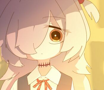 Rule 34 | 1girl, absurdres, black choker, black eyes, blue archive, choker, collared shirt, commentary, diagonal-striped ribbon, dress, grey hair, hair bobbles, hair intakes, hair ornament, hair over one eye, highres, kanoe (blue archive), long bangs, long hair, multicolored eyes, neck ribbon, ojibi, pinafore dress, ribbon, shirt, sleeveless, sleeveless dress, solo, two-tone eyes, two side up, white shirt, yellow background, yellow eyes