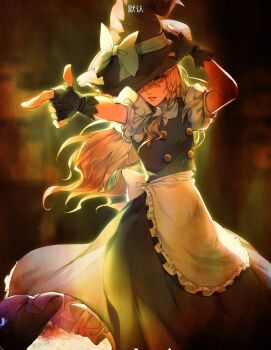 Rule 34 | 1girl, aihara-rina, apron, back bow, black gloves, black skirt, black vest, blonde hair, bow, braid, commentary, cowboy shot, frilled skirt, frills, gloves, hair bow, hashtag-only commentary, hat, hat bow, highres, kirisame marisa, long hair, looking at viewer, partially fingerless gloves, puffy short sleeves, puffy sleeves, short sleeves, side braid, single braid, skirt, solo, touhou, very long hair, vest, waist apron, white apron, white bow, witch hat, yellow eyes