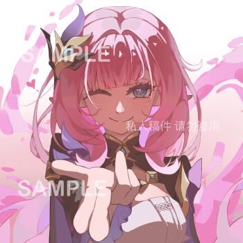 1girl ;) blue_eyes breasts commentary corset elf elysia_(honkai_impact) elysia_(miss_pink_elf)_(honkai_impact) english_commentary hair_ornament highres honkai_(series) honkai_impact_3rd large_breasts lemonacid long_hair looking_at_viewer one_eye_closed pink_hair pointy_ears sample_watermark shrug_(clothing) smile solo upper_body watermark white_corset