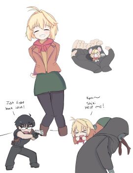 absurdres ahoge anger_vein animal_ears antenna_hair arcueid_brunestud ashley_graham ashley_graham_(cosplay) ashley_graham_(mouse) ashley_graham_(mouse)_(cosplay) black_gloves black_hair black_shoes blonde_hair boots breasts carrying carrying_person combat_knife cosplay glasses gloves gun handgun highres holding holding_gun holding_weapon knife leon_s._kennedy leon_s._kennedy_(cosplay) long_sleeves looking_at_viewer mouse_(animal) mouse_ears orange_shirt plaid_clothes red_eyes resident_evil resident_evil_4 shirt shoes short_hair skirt smile suw0 talking tohno_shiki tsukihime turtleneck weapon