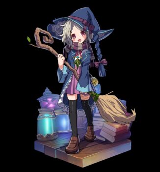 1girl black_background black_thighhighs blue_hat blue_robe blush_stickers book bow brown_hair brown_shoes flat_chest full_body hat hat_bow high-waist_skirt highres holding holding_staff large_hat loafers long_sleeves merc_storia merc_storia_art_team official_art open_mouth parted_bangs pink_eyes purple_skirt red_ribbon ribbon robe shirt shoes simple_background skirt smile solo staff standing tachi-e tareme thighhighs white_shirt wide_sleeves witch witch_hat wooden_floor yulue_(merc_storia)