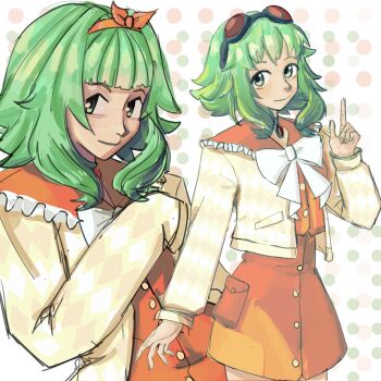 1girl absurdres black-framed_eyewear bow buttons closed_mouth frilled_sailor_collar frills gem goggles goggles_on_head green_eyes green_hair gumi hairband hashtag-only_commentary hatsuno highres index_finger_raised jacket looking_at_viewer orange_hairband orange_ribbon orange_sailor_collar orange_shirt orange_skirt polka_dot polka_dot_background red-tinted_eyewear ribbon sailor_collar shirt short_hair skirt smile tinted_eyewear vocaloid white_bow yellow_jacket