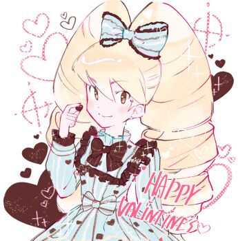 1girl artist_name bad_id bad_tumblr_id black_bow blonde_hair blue_dress bow candy chocolate chocolate_heart dress dress_bow drill_hair food hair_bow happy_valentine heart heart-shaped_food highres long_hair looking_at_viewer luna_platz_(mega_man) mega_man_(series) mega_man_star_force_(series) mixsa_cute0 signature smile striped_bow twin_drills very_long_hair