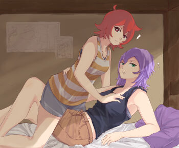 2girls aged_down alternate_costume bed blush breasts bunk_bed casual chariot_du_nord collarbone couple croix_meridies grabbing_another&#039;s_breast green_eyes groping hand_on_another&#039;s_chest highres little_witch_academia looking_at_viewer lying medium_breasts medium_hair multiple_girls oishii_tuna poster_(object) purple_hair red_eyes red_hair short_hair straddling surprised ursula_callistis yuri