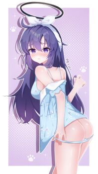 1girl ass blue_archive blue_bra blue_pajamas blue_panties blue_shorts blush bra closed_mouth commentary_request hair_between_eyes hair_ribbon hairband halo highres holding holding_panties holding_underwear holding_unworn_clothes long_hair looking_at_viewer mechanical_halo pajamas panties panty_pull purple_eyes purple_hair ribbon shorts solo underwear white_hairband white_ribbon yuanzi_ako yuuka_(blue_archive) yuuka_(pajamas)_(blue_archive)