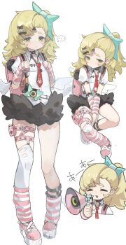 ... 1girl absurdres backpack bag bandaid bandaid_hair_ornament black_skirt blonde_hair chinatsu_remiel chinatsu_remiel_(cosplay) closed_eyes commentary_request cosplay earrings expressionless full_body green_eyes hair_ornament hairclip highres holding holding_megaphone jewelry korean_commentary leg_warmers long_hair looking_at_viewer megaphone mixed-language_commentary multiple_thigh_straps multiple_views musical_note_earrings necktie open_mouth pink_bag piper_wheel pouch puff_of_air red_necktie shirt short_sleeves simple_background single_thighhigh skirt spoken_ellipsis striped_arm_warmers striped_leg_warmers sun_(65693337) thigh_pouch thigh_strap thighhighs white_background white_shirt zenless_zone_zero