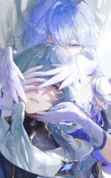 1boy 1girl bead_bracelet beads black_shirt blue_coat blue_eyes blue_hair bracelet brother_and_sister chinese_commentary coat commentary_request dress gloves guiwenrenming hair_between_eyes hair_over_shoulder hand_over_another's_eye hand_up head_wings highres honkai:_star_rail honkai_(series) jewel_under_eye jewelry long_hair medium_hair one_eye_covered parted_lips piercing purple_dress robin_(honkai:_star_rail) scarf shirt siblings sunday_(honkai:_star_rail) upper_body white_gloves white_scarf wing_piercing wings yellow_eyes