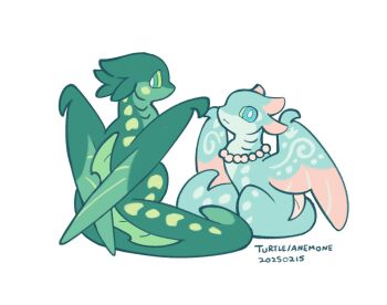 anemone_(wings_of_fire) animal_focus aqua_eyes brother_and_sister character_name chibi chibi_only colored_sclera dated dragon fins flat_color from_behind hashtag-only_commentary highres horns jewelry looking_at_viewer looking_back necklace no_humans pearl_necklace rehtaef siblings simple_background sitting turtle_(wings_of_fire) western_dragon white_background wings wings_of_fire