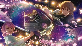 Rule 34 | 2girls, black kimono, blonde streaks, brown eyes, brown hair, cherry blossoms, closed mouth, commentary request, falling petals, fighting, game cg, hagiwara yukiho, holding, holding sword, holding weapon, idolmaster, idolmaster (classic), idolmaster million live!, idolmaster million live! theater days, japanese clothes, katana, kimono, maihama ayumu, multicolored hair, multiple girls, official art, open mouth, petals, pink hair, short hair, solo, streaked hair, swinging weapon, sword, third-party source, weapon