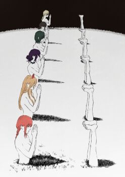 6+girls absurdres black_hair blonde_hair breasts buried chainsaw_man hair_bun higashiyama_kobeni highres himeno_(chainsaw_man) large_breasts makima_(chainsaw_man) medium_breasts multiple_girls nude own_hands_together ponytail power_(chainsaw_man) quanxi_(chainsaw_man) red_hair reze_(chainsaw_man) scene_reference senaka_look single_hair_bun