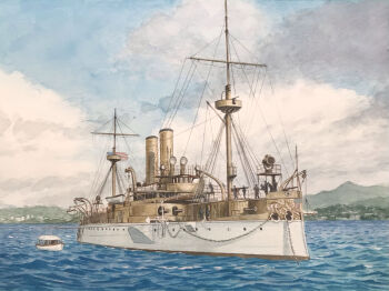 6+others atelier_bono boat cannon cloud cloudy_sky cruiser flag highres military_vehicle mountainous_horizon multiple_others ocean original painting_(medium) ship ship_turret silhouette sky smokestack traditional_media united_states_navy uss_maine_(1889) vehicle_focus warship watercolor_(medium) watercraft