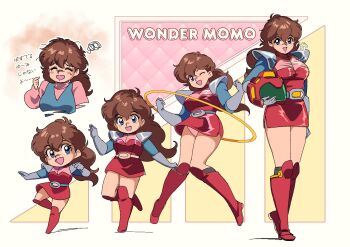 1980s_(style) 1girl armor belt blue_eyes boots breasts brown_hair chibi commentary_request copyright_name helmet highres holding holding_unworn_helmet hoop kanda_momo long_hair looking_at_viewer medium_breasts multiple_views nervous_smile oldschool one_eye_closed panties pantyshot pauldrons pencil_skirt pink_panties red_footwear red_helmet retro_artstyle shimadai587779 shoulder_armor skirt smile superhero_costume sweatdrop sweater turtleneck turtleneck_sweater underwear unworn_headwear unworn_helmet wonder_momo