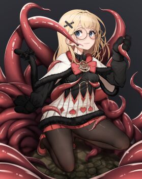 1girl absurdres animal_hands artist_request back_bow black_background black_desert_online black_dress black_gloves black_pantyhose black_tail blonde_hair blue_eyes blush bow bowtie brooch capelet cat_tail closed_mouth club_(shape) commission consensual_tentacles dress eyewear_strap full_body fur-trimmed_capelet fur-trimmed_dress fur_trim glasses gloves grabbing_another&#039;s_breast groping hair_ornament highres jewelry long_hair long_sleeves looking_at_viewer pantyhose paw_gloves playing_card_theme pleated_skirt puffy_long_sleeves puffy_sleeves red_bow red_bowtie red_shoes red_skirt round_eyewear second-party_source shai_(black_desert) shoes skirt spade_(shape) squatting tail tail_bow tail_ornament tearing_up tentacle_grab tentacle_pit tentacles white_capelet white_dress wing_collar x_hair_ornament yellow-framed_eyewear