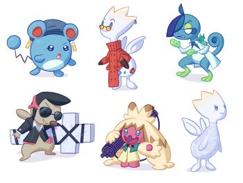 black_jacket closed_mouth clothed_pokemon coat commentary cosplay cross cross_punisher drizzile english_commentary full_body gatling_gun gen_2_pokemon gen_5_pokemon gen_8_pokemon grin gun hat highres holding holding_gun holding_weapon jacket legato_bluesummers legato_bluesummers_(cosplay) marill meryl_stryfe meryl_stryfe_(cosplay) millions_knives millions_knives_(cosplay) milly_thompson milly_thompson_(cosplay) nicholas_d._wolfwood nicholas_d._wolfwood_(cosplay) nintendo no_humans open_mouth pokemon pokemon_(creature) red_coat redinthesea simple_background smile standing sunglasses timburr tinkaton tinted_eyewear togetic trigun vash_the_stampede vash_the_stampede_(cosplay) weapon white_background yellow-tinted_eyewear