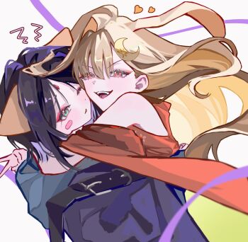 2girls animal_ears blonde_hair blush chou_kaguya-hime! commentary_request fox_ears green_eyes highres hug korean_commentary long_hair multiple_girls one_eye_closed open_mouth purple_hair rabbit_ears red_eyes short_hair sigble smile white_background yuri