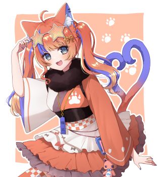 1girl absurdres ahoge animal_ear_fluff animal_ear_piercing animal_ears apron arm_up asymmetrical_sleeves black_choker blue_eyes blue_hair blue_nails blush border braid breasts cat_ears cat_girl cat_tail cellphone cellphone_charm chain charm_(object) checkered_clothes choker cowboy_shot eyewear_on_head fang forked_tail frilled_skirt frills fur_collar gradient_hair gradient_tail hair_ornament highres japanese_clothes kimono kimono_skirt layered_skirt long_hair looking_at_viewer medium_breasts mismatched_sleeves multicolored_hair multicolored_kimono multicolored_nails multiple_tails nail_polish nekomata nekoyashiki_miku nijisanji obi omg3939 open_mouth orange-tinted_eyewear orange_background orange_hair outline outside_border paw_print paw_print_background phone red_hair red_kimono red_nails red_thighhighs rope sash shimenawa skirt smile solo standing star-shaped_eyewear star_(symbol) streaked_hair stuffed_animal stuffed_cat stuffed_toy sunglasses tail thighhighs tinted_eyewear twintails twintails_with_braided_base virtual_youtuber waist_apron white_apron white_border white_kimono white_outline wide_sleeves