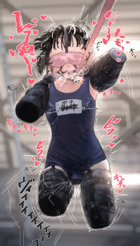 absurdres all_fours ball_gag bdsm bitchsuit black_hair blindfold blue_one-piece_swimsuit blush bondage bondage_mittens bound bound_arms bound_legs chickenwingtie collar crying crying_with_eyes_open drooling forced_orgasm frogtie gag gag_harness gagged heart highres human_dog leash nipple_stimulation object_insertion one-piece_swimsuit orgasm original panties pet_play restrained school_swimsuit sex_toy short_hair swimsuit tears tosourena trembling underwear vaginal vaginal_object_insertion vibrator vibrator_on_nipple vibrator_under_clothes vibrator_under_panties wiffle_gag