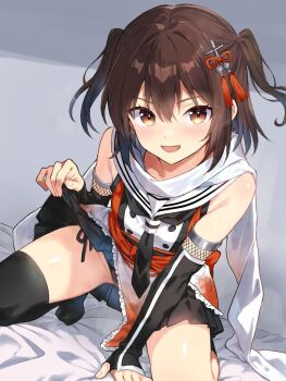 1girl all_fours asymmetrical_legwear black_gloves black_neckerchief black_panties black_skirt blush brown_eyes brown_hair buttons clothes_lift commentary_request double-breasted dress elbow_gloves fingerless_gloves gloves hair_ornament kantai_collection kneehighs lifting_own_clothes looking_at_viewer neckerchief on_bed open_mouth orange_dress panties pleated_skirt sailor_collar scarf school_uniform sendai_(kancolle) sendai_kai_ni_(kancolle) serafuku short_hair side-tie_panties single_kneehigh single_sock single_thighhigh skirt skirt_lift smile socks solo thighhighs two_side_up underwear uneven_legwear white_sailor_collar white_scarf yuzuttan