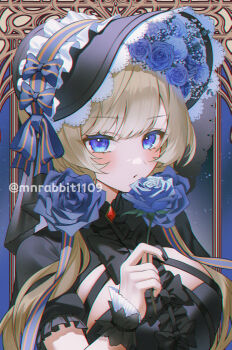 Rule 34 | 1girl, alternate costume, black bonnet, black bow, black dress, black nails, black wrist cuffs, blue bow, blue eyes, blue flower, blue rose, blush, bonnet, bow, brown hair, center frills, chromatic aberration, commentary, dress, flower, frilled sleeves, frills, gem, genshin impact, gothic lolita, hand up, highres, holding, holding flower, lolita fashion, long hair, looking at viewer, mnrabbit1109, nail polish, red gem, rose, sandrone (genshin impact), short sleeves, solo, twitter username, untranslatable commentary, upper body, wrist cuffs