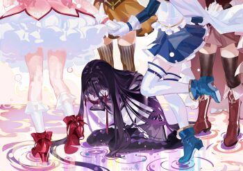 Rule 34 | 5girls, absurdres, akemi homura, akemi homura (magical girl), argyle clothes, argyle thighhighs, black hair, black hairband, black thighhighs, blue boots, blue skirt, boots, brown thighhighs, bubble skirt, cape, capelet, colorful, commentary, covering face, despair, dress, english commentary, floating clothes, frilled skirt, frills, gloves, hairband, hands on own face, head down, high heels, highres, holding hands, kaname madoka, kaname madoka (magical girl), knee up, kneehighs, layered sleeves, long hair, long sleeves, magical girl, mahou shoujo madoka magica, mahou shoujo madoka magica (anime), miki sayaka, miki sayaka (magical girl), multiple girls, out of frame, peachyyuri, petticoat, pink dress, pleated skirt, purple capelet, purple skirt, red boots, red shoes, red skirt, sakura kyoko, sakura kyoko (magical girl), shirt, shoes, sitting, skirt, socks, standing, standing on liquid, striped clothes, striped thighhighs, thighhighs, tomoe mami, tomoe mami (magical girl), vertical-striped clothes, vertical-striped thighhighs, wariza, white cape, white gloves, white socks, white thighhighs, yellow shirt