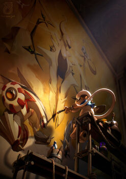 absurdres arceus azelf bench blue_scarf bucket dialga gen_2_pokemon gen_4_pokemon halo highres legendary_pokemon mural mythical_pokemon nintendo no_humans paint_palette paintbrush painting_(action) palkia pokemon pokemon_(creature) realspacejunk rope scarf sitting smeargle storage_pot sunlight