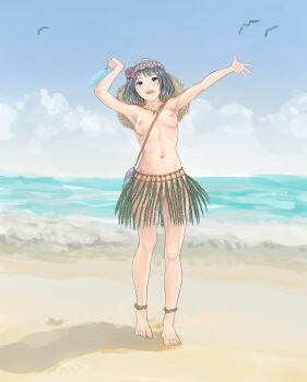 1girl absurdres armpits arms_up barefoot black_hair blue_sky bob_cut breasts cleft_of_venus commentary commentary_request day english_commentary full_body grass_skirt head_wreath highres holding holding_polearm holding_weapon horizon medium_breasts mixed-language_commentary naked_skirt navel nipples ocean open_mouth original outdoors polearm pussy ribs shadow shiina_mashiro_(xxxa2348) short_hair simple_bird skirt sky smile solo standing stomach toes topless_female variant_set weapon