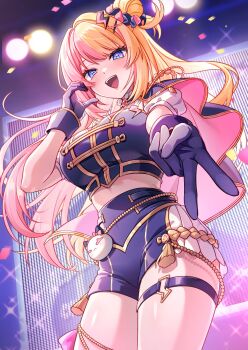 1girl :d blonde_hair blue_eyes breasts capelet choker_jewel crop_top cropped_vest from_below gloves gyaru_v hair_bun hair_ornament hair_scrunchie high-waist_shorts highres kotoka_torahime lightning_bolt lightning_bolt_hair_ornament lightning_bolt_symbol long_hair looking_at_viewer medium_breasts midriff multicolored_hair nijisanji nijisanji_en nijisanji_idol_uniform o-ring o-ring_thigh_strap official_alternate_costume open_mouth pink_hair scrunchie senmi_(vvv_1864) short_shorts shorts smile solo split-color_hair stage stage_lights thigh_strap two-sided_capelet two-tone_hair v vest virtual_youtuber x_hair_ornament