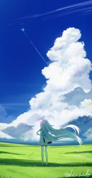 Rule 34 | 1girl, absurdres, artist name, blue archive, blue sky, cloud, colored skin, commentary request, day, dress, floating hair, flying grass, from behind, glint, grass, halo, highres, kei (blue archive), kei (new body) (blue archive), kis sako, long hair, outdoors, pink halo, plain, rectangular halo, scenery, sky, solo, standing, thighhighs, twitter username, very long hair, white dress, white hair, white skin, white thighhighs, wide shot