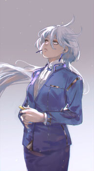 1girl blue_jacket blue_skirt commentary earrings floating_hair gradient_background grey_background grey_eyes gundam gundam_suisei_no_majo hashtag-only_commentary highres holding jacket jewelry light_particles long_hair looking_up mak_(kainemaru) miorine_rembran parted_lips shirt skirt solo white_hair white_shirt