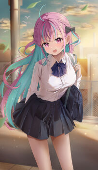 1girl :d absurdres ahoge alternate_costume aqua_hair arm_behind_back bag black_bow black_skirt blue_bow blue_bowtie blunt_bangs blurry blurry_foreground bow bowtie braid breasts collared_shirt colored_inner_hair commentary_request cowboy_shot day dress_shirt fanged_bangs hair_bow highres hololive large_breasts long_hair long_sleeves looking_at_viewer minato_aqua mochiki_927 multicolored_hair open_mouth outdoors pink_hair pleated_skirt purple_eyes school_bag school_uniform shirt shirt_tucked_in skirt smile solo standing streaked_hair two-tone_hair two_side_up very_long_hair virtual_youtuber white_shirt