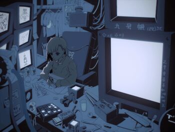 1girl animated animated_gif artist_request blinking blue_theme bob_cut box cable can cardboard_box chair chinese_text circuit_board closet clothes_hanger clutter commentary crt cup cytus cytus_ii dark desk drink drink_can drinking_glass english_text expressionless game_cg glowing hair_ornament hairclip holding indoors laboratory long_sleeves looking_at_object messy_room monitor monochrome night nodding nora_(cytus) office_chair official_art pajamas paper poster_(object) repairing robot screw screwdriver shirt short_hair sitting sleeping sleeping_upright sleepy snow_globe soda_can solo sticky_note swivel_chair t-shirt table technology third-party_source tools translated unworn_shirt working